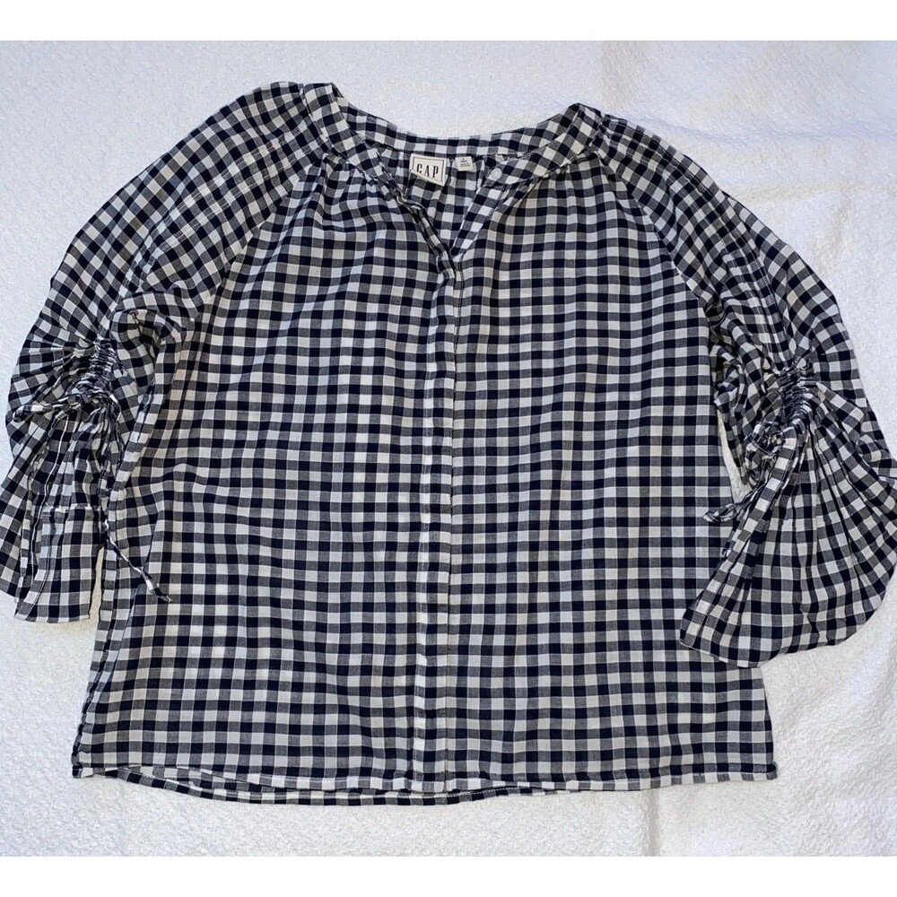 GAP Black and White Gingham Tie-Sleeve Blouse